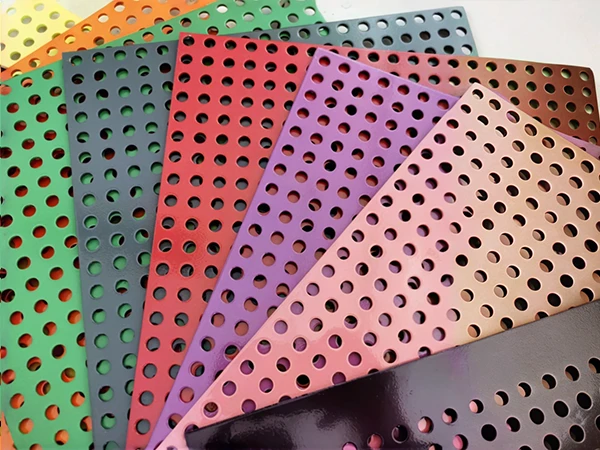 Eight different colors of powder-coated round hole aluminum perforated panels