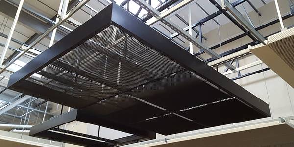 Expanded metal sheets are installed as suspended ceiling for high building.