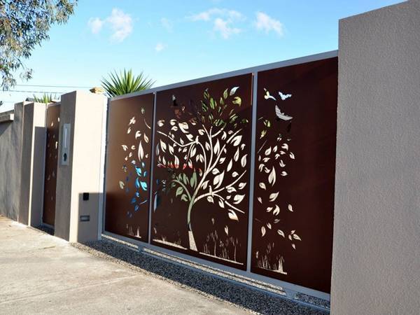 The brown garden fence is made of laser cutting perforated metal panels.