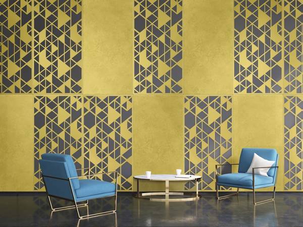 Yellow laser cutting perforated metal panels are installed for interior wall decor.