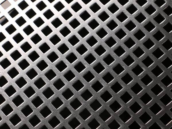 Perforated galvanized steel sheet with square shaped holes.