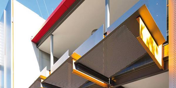 Stainless steel perforated sunscreen panels for horizontal applications.