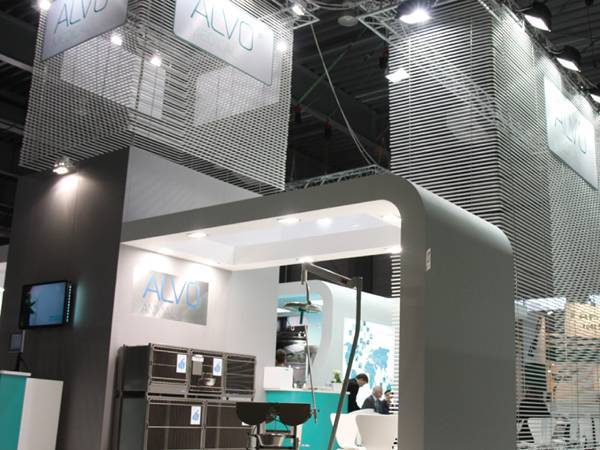Perforated galvanized steel sheets are installed for exhibitions decoration.