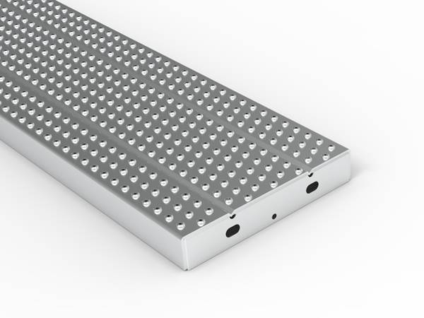 Traction tread safety grating scaffold plank with support pin hole.