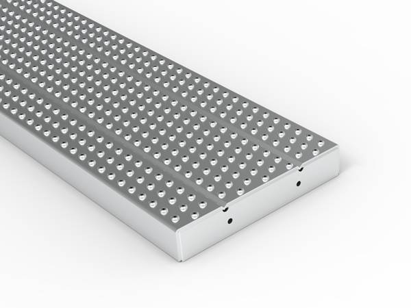 Traction tread safety grating scaffold plank with support pin hole.