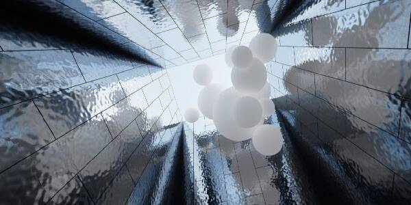 The 4 walls of the exhibition are decorated with water ripple sheets.